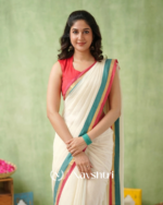 White Mulmul Cotton Saree with Teal & Pink & Gold Border & Red Blouse Piece - Image 3
