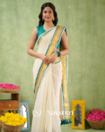 White Mulmul Cotton Saree with Teal & Gold Border & Matching Teal Blouse Piece - Image 4