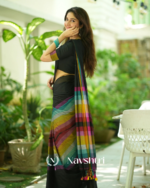 Black Mulmul Cotton Saree with Multicolor Striped Pallu & Matching Black Blouse Piece - Image 4