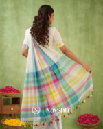 White Mulmul Cotton Saree with Multicolor Pastel Striped Pallu & Matching White Blouse Piece - Image 3