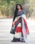 Ragini Mala - Graceful Black-White-Red Linen Saree with Subtle Red Border & Blouse Piece