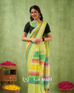 Light Green Mulmul Cotton Saree with Multicolor Striped Pallu & Matching Light Green Blouse Piece - Image 3