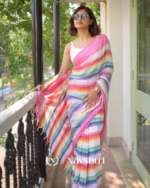 Pink Mulmul Cotton Saree with Multicolor Striped Pallu & Matching Pink Blouse Piece - Image 4