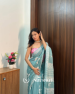 Bottle Green Color 1 Minute Ready To Wear Mulmul Cotton Digital Printed Saree With Pocket - Image 3