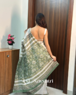 White Color 1 Minute Ready To Wear Mulmul Cotton Digital Printed Saree With Pocket - Image 4