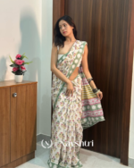 White Color 1 Minute Ready To Wear Mulmul Cotton Digital Printed Saree With Pocket - Image 3