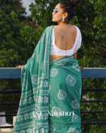 Bottle Green Color 1 Minute Ready To Wear Mulmul Cotton Digital Printed Saree With Pocket - Image 3