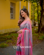 Gulab Surya - Pink & Saffron Striped Linen Saree with Blouse Piece - Image 5