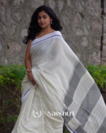 Divya Rekha - White Linen Saree with Lining Stripe & Pallu Lining Design with Blouse Piece - Image 4