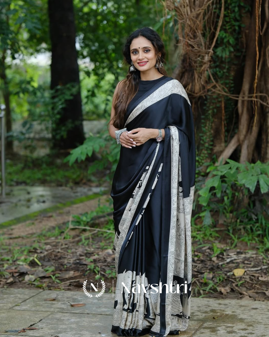 Image00004 Black Color 1 Minute Ready to Wear Digitial Printed Crape Silk Saree - Image 1