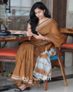 Tejas Dhara - Saffron Linen Saree with Silver Border Design & Blouse Piece - Image 4