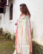Pratham Jyot - Pure White Linen Saree with Vibrant Multicolor Stripe Border & Blouse Piece - Image 4