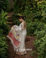 Chitra Mandal - White Linen Saree with Border, Triangle & Half Circle Design with Blouse Piece - Image 4