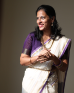 Shubhra Suvarna - Pure White Linen Saree with Purple & Golden Border Line with Blouse Piece - Image 4