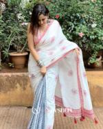 Tara Sindoor - Pure White Saree with Big Flower Print & Red Border with Blouse Piece - Image 4