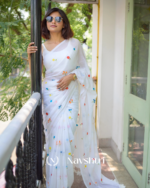 White Soft Mulmul Cotton Saree with Colorful Floral Embroidery, with Blouse Piece - Image 4