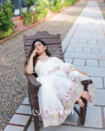 White Soft Mulmul Cotton Saree with Beautiful Multicolor Thread Embroidery, with Blouse Piece - Image 4