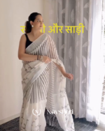 Hamsini - Graceful White Linen Saree with Black Border Design & Blouse Piece - Image 5