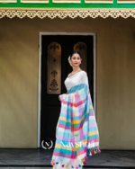 Indra Dhanu - Prism Glow White Linen Saree with Rainbow Center Design & Blouse Piece - Image 4