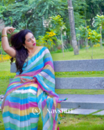 Swarna Rekha - Sunshine Stripes Yellow-Blue-Green-White Linen Saree with Blouse Piece - Image 5