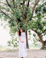Sitara Veen - Elegant White Saree with Tiny Black Motifs & Blouse Piece