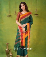 Green Mulmul Cotton Saree with Mustard & Maroon Contrast Borders (With Blouse) - Image 4