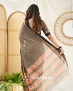 Coffee Brown Mulmul Cotton Saree with Black Border & Golden Detailing with blouse piece - Image 4