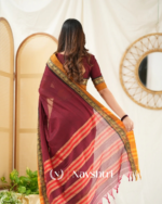 Maroon Mulmul Cotton Saree with Mustard Border & Woven Detailing, with Blouse Piece - Image 4
