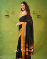 Black Mulmul Cotton Saree with Mustard Border & Elephant Weave, with Blouse Piece - Image 4