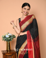 Black & Red Mulmul Cotton Saree with Golden Triangle Border, with Blouse Piece - Image 5