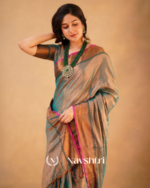 Teal Grey Tissue Cotton Saree with Copper Border & Pink Piping, With Blouse Piece - Image 5