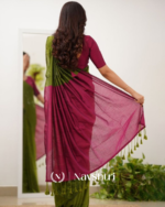 Green Mulmul Cotton Saree with Contrast Wine Blouse Piece - Image 4