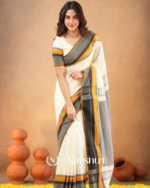 Classic White Traditional Mulmul  Cotton Saree with Contrast Border & Blouse Piece - Image 4
