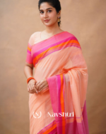Peach Pink Mulmul Cotton Saree with Vibrant Contrast Border & Blouse Piece - Image 4