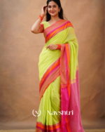 Lime Green Mulmul Cotton Saree with Pink & Orange Contrast Border & Blouse Piece - Image 4