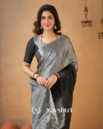 Black & Silver Tissue Cotton Saree with Blouse Piece - Image 4