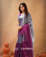Purple & Silver Tissue Cotton Saree with Blouse Piece - Image 4