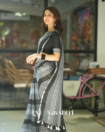 Black & Grey Striped MulMul Cotton Saree with Blouse Piece - Image 4