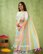 Pastel Multicolor Striped Mulmul Cotton Saree Saree with Blouse Piece - Image 4