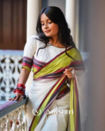 White Mulmul Cotton Saree with Multicolor Woven Striped Pallu & Matching White Blouse Piece - Image 4