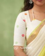White & Light Yellow Mulmul Cotton Saree with Golden Woven Border & Matching White Blouse Piece - Image 4