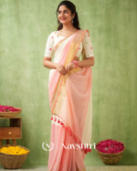White & Peach Mulmul Cotton Saree with Golden Woven Border & Matching White Blouse Piece - Image 4