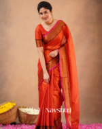 Rust Orange Tissue Cotton Saree with Copper Border & Blouse Piece - Image 4