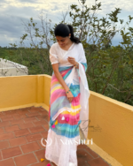 Megh Dhanush - White Linen Saree with Rainbow Stripes & Blouse Piece - Image 4