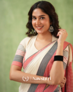 Ivory Mulmul Cotton Saree with Pink & Black Striped Pallu & Matching Ivory Blouse Piece - Image 4