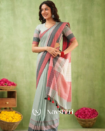 Grey Mulmul Cotton Saree with Pink & Black Striped Pallu & Matching Grey Blouse Piece - Image 5