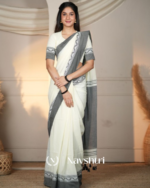 White MulMulmul Cotton Saree with Grey Border Motif & Matching Off-White Blouse Piece