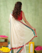 White Mulmul Cotton Saree with Teal & Pink & Gold Border & Red Blouse Piece - Image 4