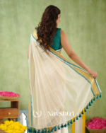White Mulmul Cotton Saree with Teal & Gold Border & Matching Teal Blouse Piece - Image 5