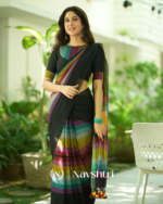 Black Mulmul Cotton Saree with Multicolor Striped Pallu & Matching Black Blouse Piece